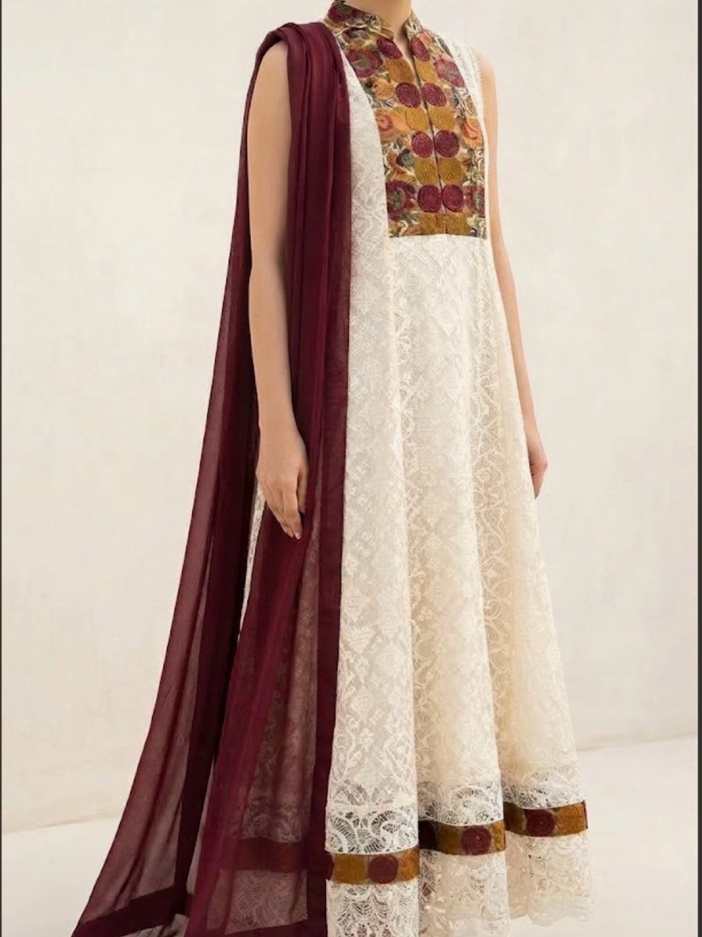 Shalwar kameez Anarkali style long top high neck off white and maroon net lace S